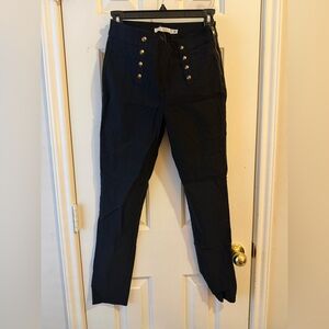 Black Tapered Stretch Pants with Gold Buttons